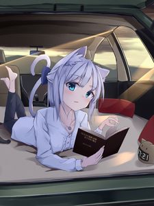 Превью обои девушка, неко, книга, автомобиль, аниме
