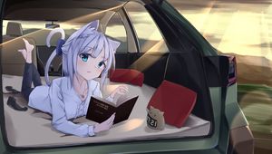 Превью обои девушка, неко, книга, автомобиль, аниме