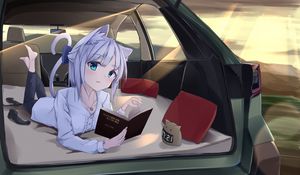 Превью обои девушка, неко, книга, автомобиль, аниме