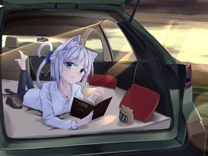 Превью обои девушка, неко, книга, автомобиль, аниме