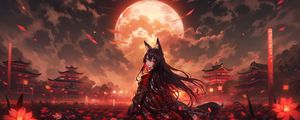 Превью обои девушка, неко, луна, цветы, поле, аниме