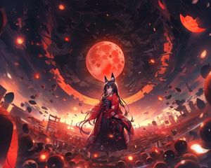 Превью обои девушка, неко, луна, планета, аниме, арт