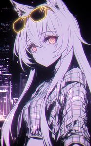 Превью обои девушка, неко, очки, арт, аниме, фиолетовый