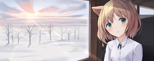 Превью обои девушка, неко, окно, деревья, аниме