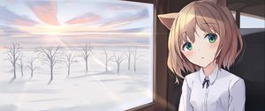 Превью обои девушка, неко, окно, деревья, аниме