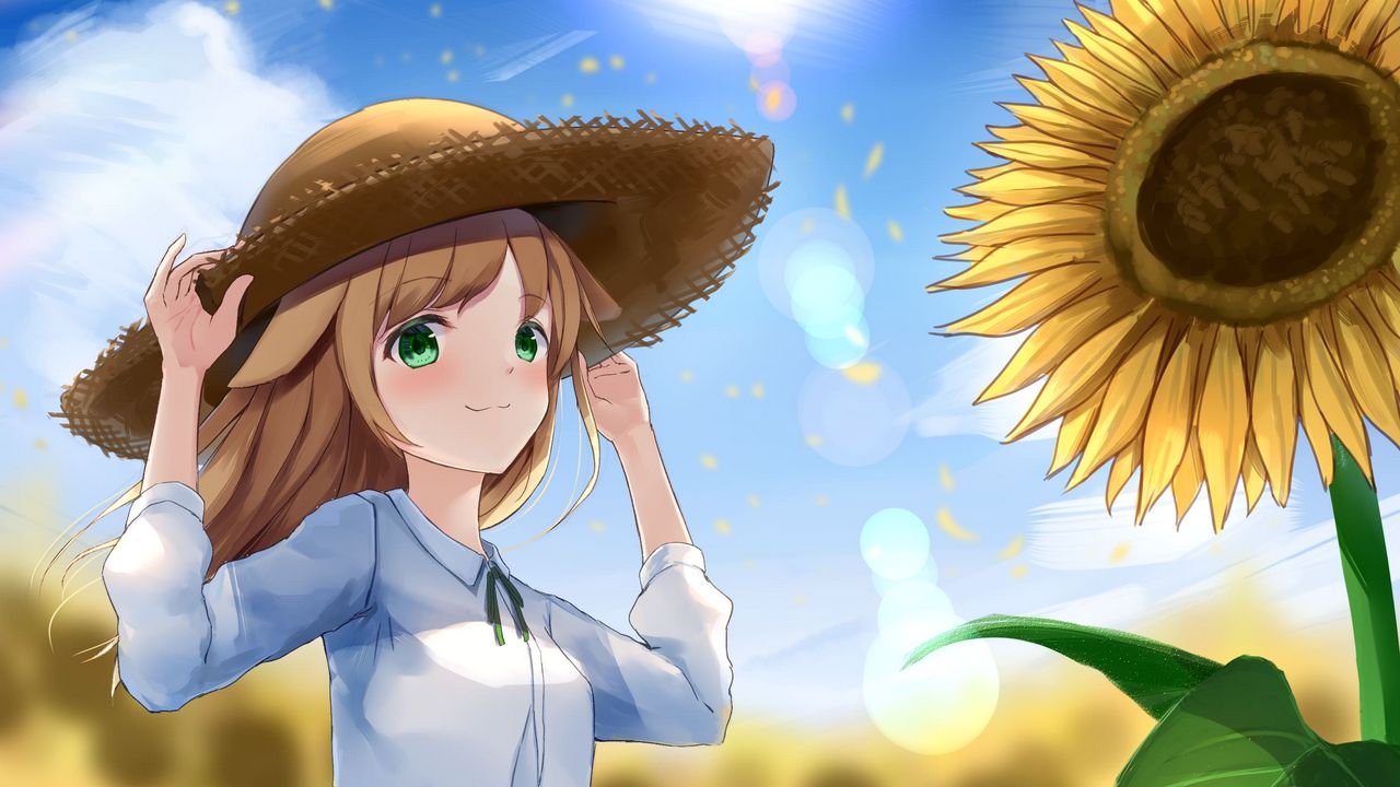 Обои девушка, неко, шляпа, поле, подсолнухи, аниме