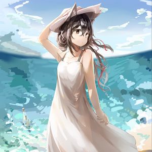 Превью обои девушка, неко, шляпа, море, аниме