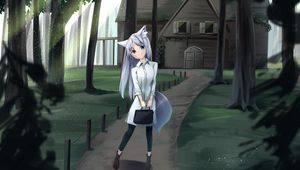 Превью обои девушка, неко, сумка, дом, аниме