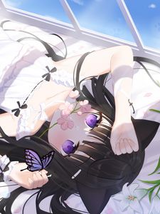 Превью обои девушка, неко, цветы, аниме, арт