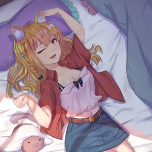Превью обои девушка, неко, улыбка, жест, кровать, аниме