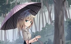 Превью обои девушка, неко, улыбка, зонт, дождь, лес, аниме