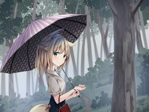 Превью обои девушка, неко, улыбка, зонт, дождь, лес, аниме