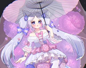 Превью обои девушка, неко, ушки, зонтик, аниме, арт