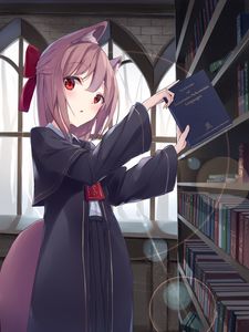 Превью обои девушка, неко, ушки, книга, аниме