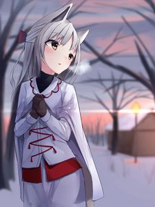 Превью обои девушка, неко, ушки, зима, холод, аниме