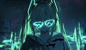 Превью обои девушка, неон, очки, свечение, арт, аниме