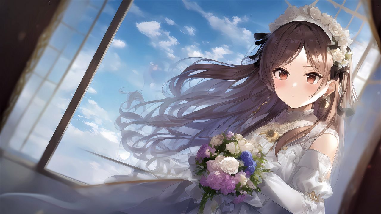 Обои девушка, невеста, платье, цветы, букет, аниме