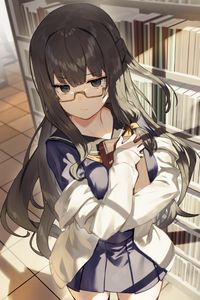 Превью обои девушка, очки, библиотека, аниме