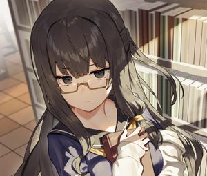 Превью обои девушка, очки, библиотека, аниме