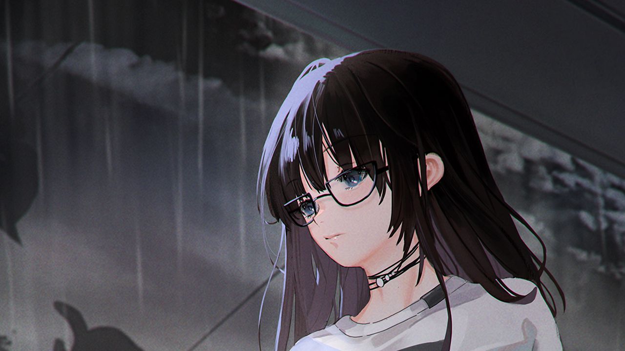Обои девушка, очки, грусть, дождь, аниме