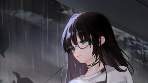Превью обои девушка, очки, грусть, дождь, аниме