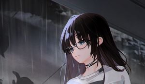 Превью обои девушка, очки, грусть, дождь, аниме