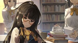 Превью обои девушка, очки, книга, библиотека, чтение, аниме