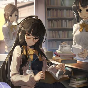 Превью обои девушка, очки, книга, библиотека, чтение, аниме