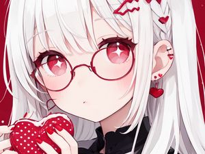Превью обои девушка, очки, сердечко, красный, аниме, арт