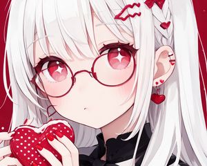 Превью обои девушка, очки, сердечко, красный, аниме, арт
