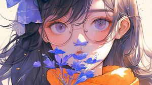 Превью обои девушка, очки, цветы, листья, осень, аниме
