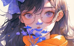 Превью обои девушка, очки, цветы, листья, осень, аниме