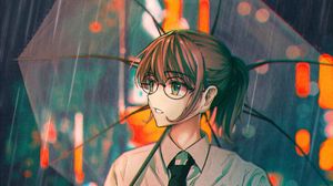 Превью обои девушка, очки, зонтик, дождь, аниме