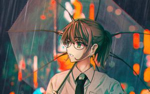 Превью обои девушка, очки, зонтик, дождь, аниме