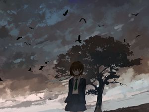Превью обои девушка, одиночество, дерево, птицы, аниме, арт