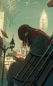 Превью обои девушка, одиночество, книга, клетка, здания, аниме