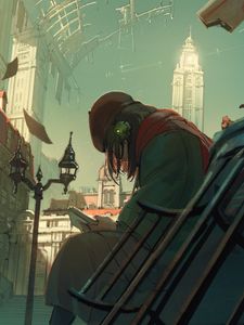 Превью обои девушка, одиночество, книга, клетка, здания, аниме