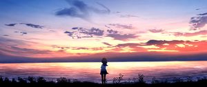 Превью обои девушка, одиночество, море, горизонт, арт