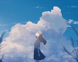 Превью обои девушка, одиночество, улыбка, облака, аниме, арт