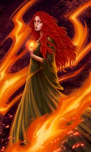 Превью обои девушка, огонь, рыжеволосая, пламя, арт, платье