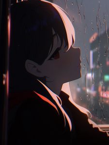 Превью обои девушка, окно, дождь, аниме, арт