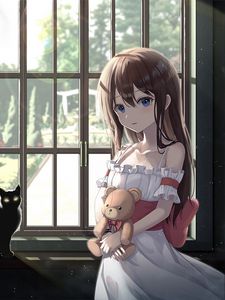 Превью обои девушка, окно, игрушка, аниме, арт