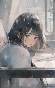 Превью обои девушка, окно, книга, аниме