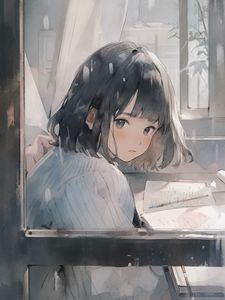 Превью обои девушка, окно, книга, аниме