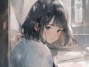Превью обои девушка, окно, книга, аниме