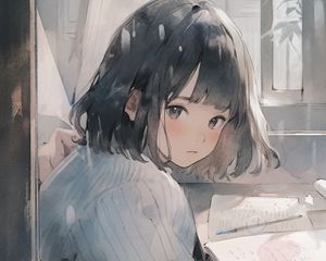 Превью обои девушка, окно, книга, аниме