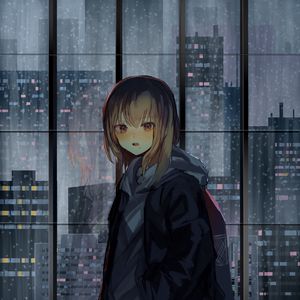 Превью обои девушка, окно, здания, город, вид, аниме