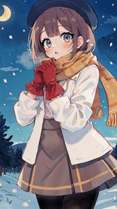 Превью обои девушка, перчатки, зима, снег, арт, аниме