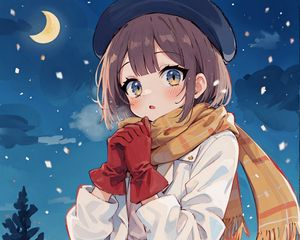 Превью обои девушка, перчатки, зима, снег, арт, аниме