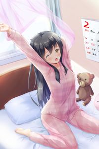 Превью обои девушка, пижама, кровать, утро, аниме, арт